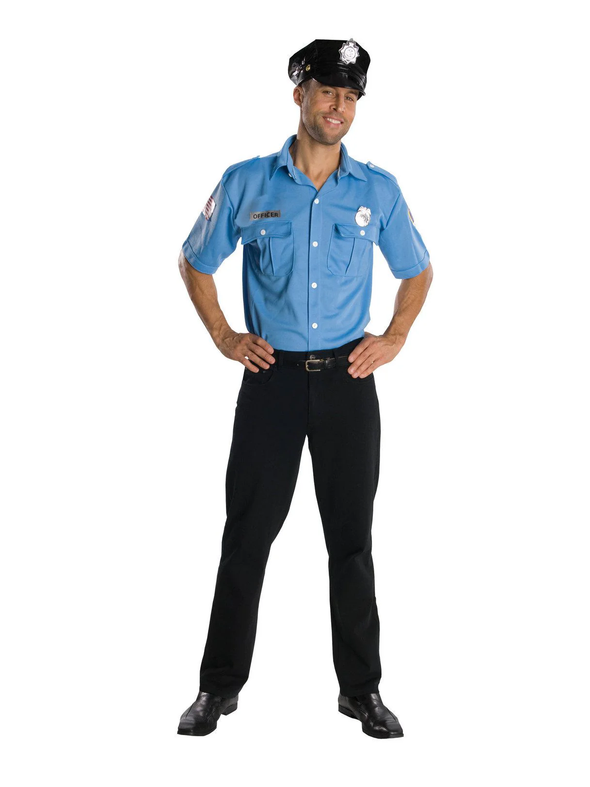 Adult Light Blue Police Officer Costume Top and Hat Set