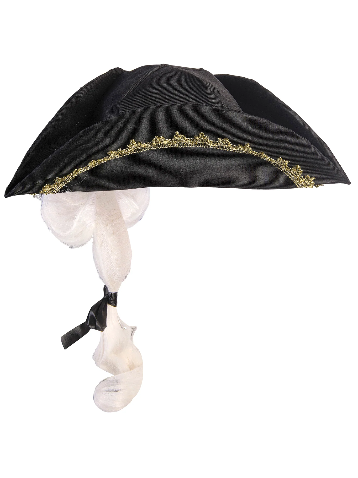 Kids' Black Colonial Tricorn Hat with Wig - Image 2