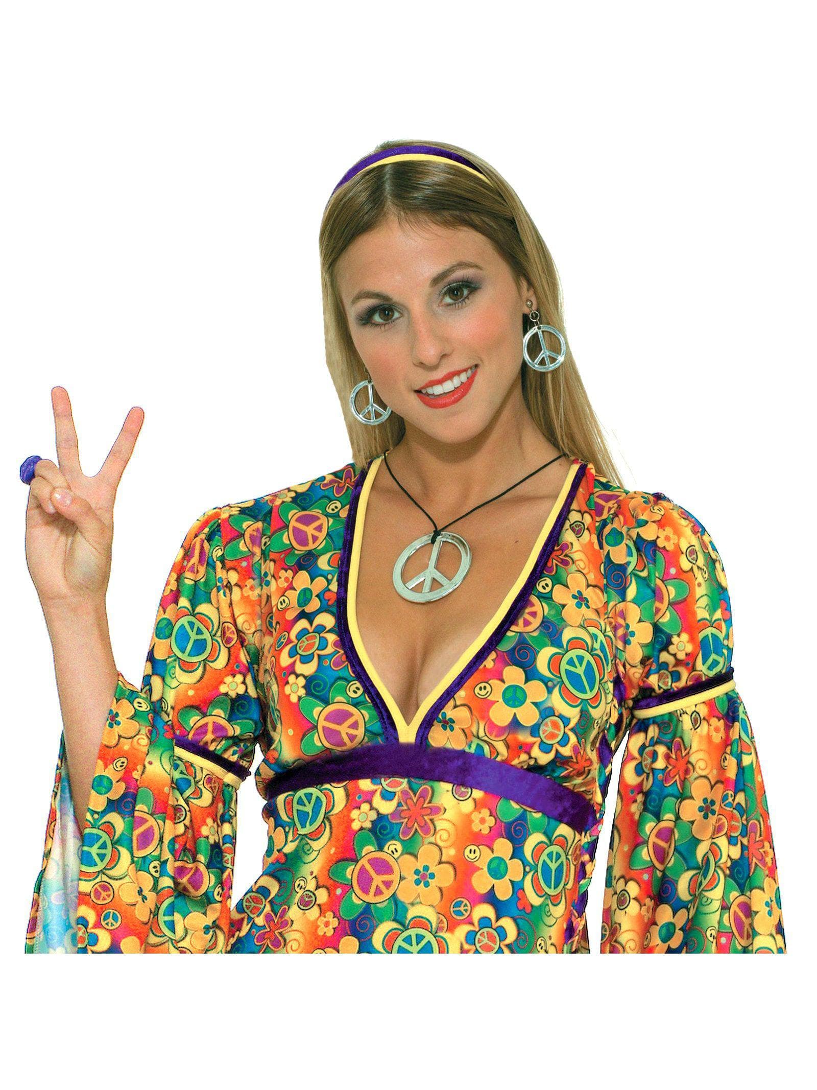 Women's Silver Hippie Peace Sign Necklace and Earrings